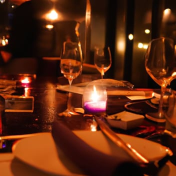 A closeup of a candle lit table with a plate, utensiles, and three wine glasses.