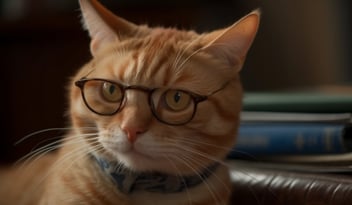 An orange taby cat wearing slightly round brown glasses and a blue neck tie or neck scarf appears to be looking almost at you but slightly to your left. Behind it is a stack of books that are blurry to the viewer.